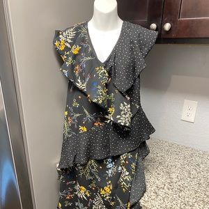 Size 8 Walter Baker Black Floral Poka Dot Dress Boho Cottagecore Summer Ruffle